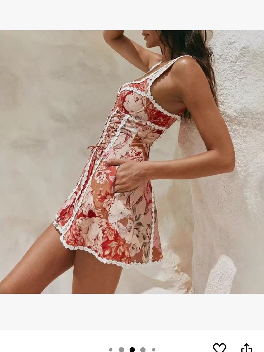 Floral Lace-Trim Corset Mini Dress - Red & Cream - Picture 3 of 10